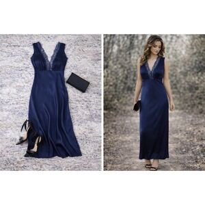 MNG Women's Navy Blue Lace Trim Maxi Dress Sleeveless Evening Gown XS